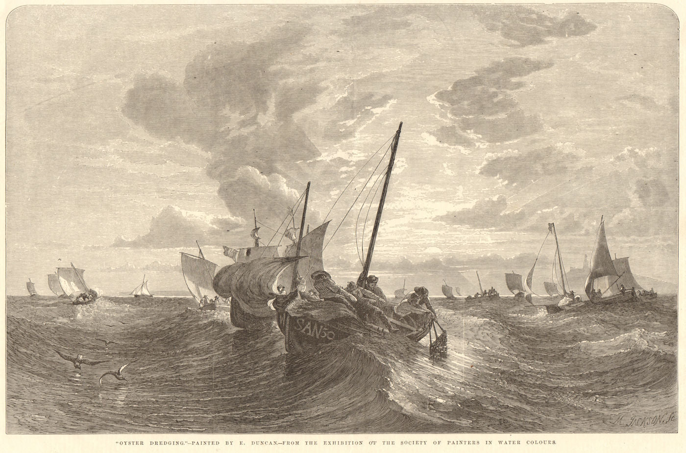 Oyster dredging - by E. Duncan. Fishermen. Food 1856 old antique print picture